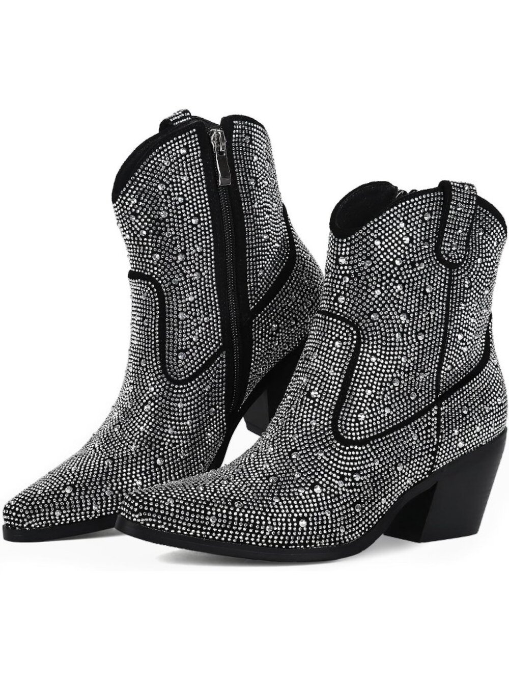 Women's Black Rhinestone Sparkly Solid Block Heel Pointed Toe Ankle Cowboy Boots